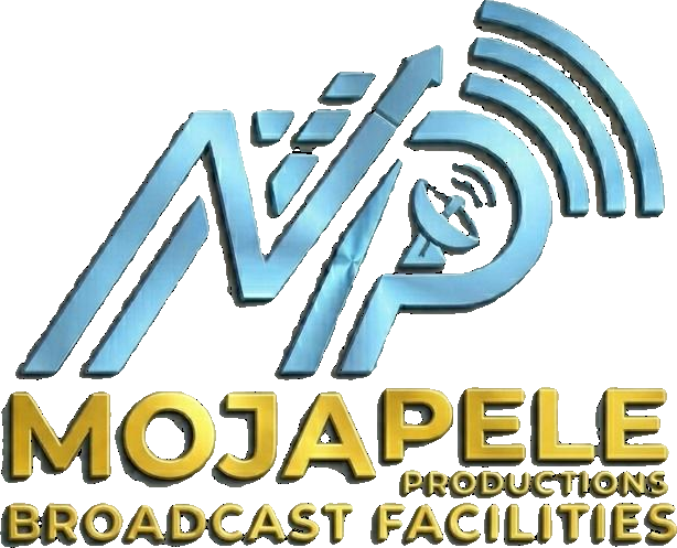 Mojapele Productions Broadcast Facilities logo — steel-blue MP monogram with satellite dish and broadcast waves above gold lettering